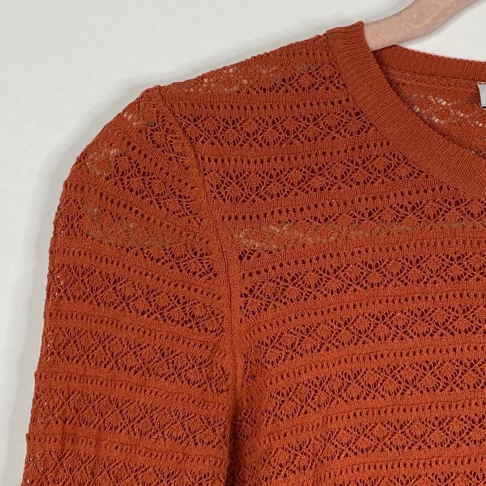2/$30 ZARA Open Knit Crochet Sweater Small Burnt Orange Crew Long Sleeve #6453 - Picture 5 of 13